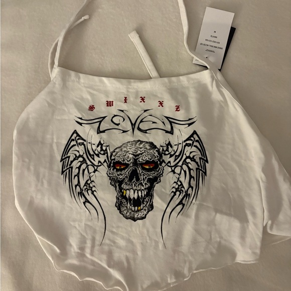 2/10 ✨SWIXXZ white wing skull halter top NWT - Picture 3 of 3